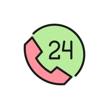 Round clock hotline, 24 hours service, help time flat color icon. Stock Illustration