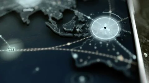 Round clock icon is centered over Australia amid luminous network routes Stock Photos