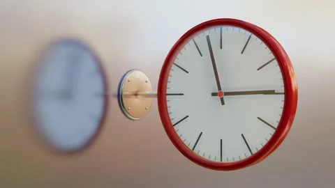Round clock on a metal bracket with a red case with rotating hands. looped anima Stock Footage 156208176