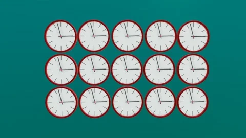 Round clock with a red case with rotating hands on a turquoise background. loope Video stock 156207997