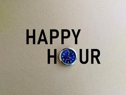 A round clock represents the O in the word happy hour, business concept Stock Photos