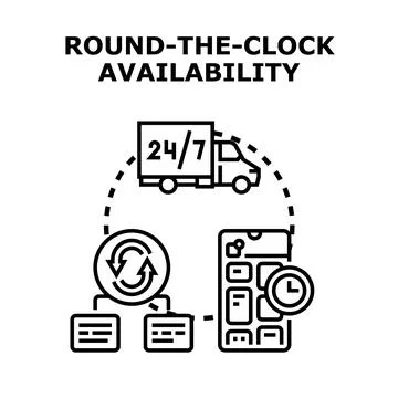 Round the clock service availability and online delivery Stock Illustration