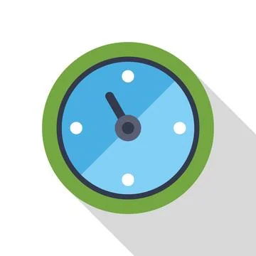Round clock showing eight o'clock with green frame and long shadow Stock Illustration