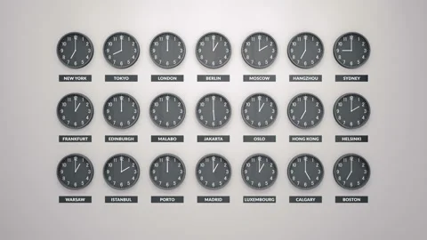 Round Clocks Show Different Time Zones On White Wall. 動画素材 96001495