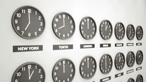 Round Clocks Show Time In Different Cities On White Wall. 動画素材 95998366