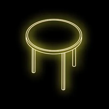 Round coffee table with glowing yellow neon outline on black background Stock Illustration
