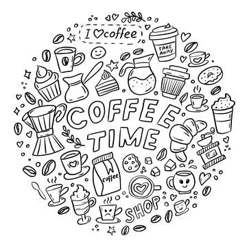 Round coffee time doodle collection illustration Stock Illustration