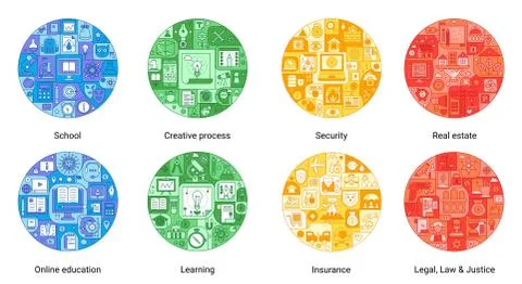 Round color flat line concept of creative process, insurance, school, legal, law Stock Illustration
