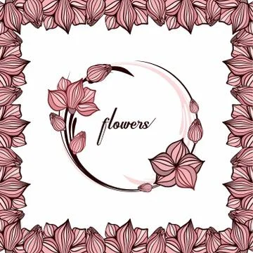 Round color vector frame with flowers on isolated background. Decor, hobby, p Stock Illustration