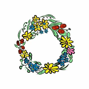 Round color vector frame with flowers on isolated background. Decor, hobby, p Stock Illustration