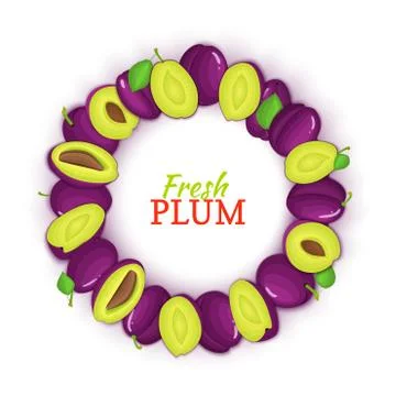 Round colored frame composed of delicious plum fruit. Vector card illustration. Stock Illustration