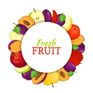 Round colored frame composed of delicious apple plum fruit. Vector card Stock Illustration