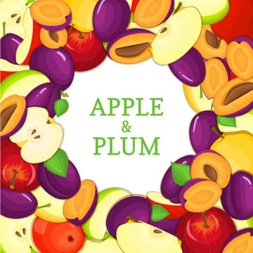 Round colored frame composed of delicious apple plum fruit. Vector card Stock Illustration