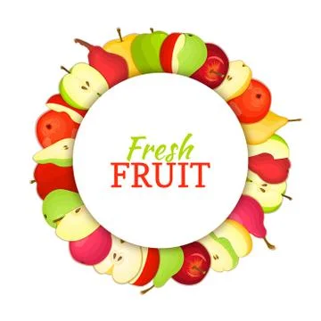 Round colored frame composed of delicious apple pear fruit. Vector card Illustrazione stock