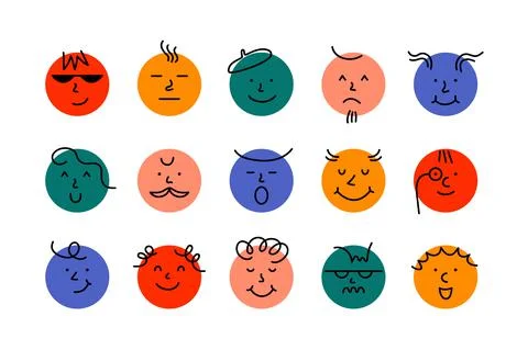 Round comic faces. Abstract smile characters, cartoon emoji avatars, doodle Stock Illustration