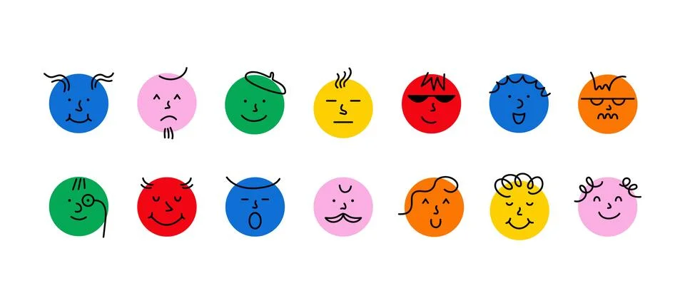Round comic faces with different emotions. Cartoon doodle characters with funny Stock Illustration