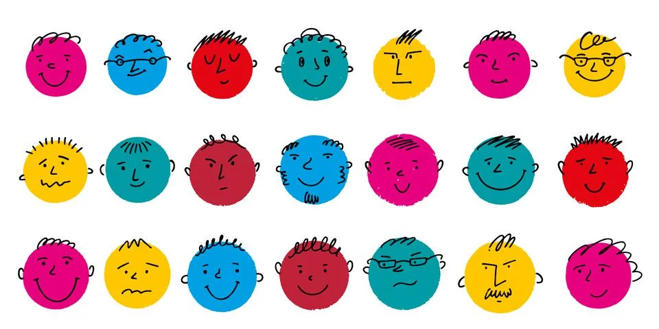 Round comic Faces with various Emotions. Childish crayon drawing style Stock Illustration