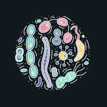 Round composition of bacterias cells. Vector doodle style objects. Stock Illustration