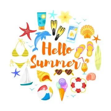 Round composition with colorful beach elements Illustrazione stock