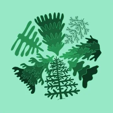 Round composition of doodles green tree spruce line art. Hand drawn vector il Stock Illustration