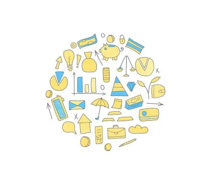 Round composition with finance elements. Circle badge isolated on white backg Stock Illustration