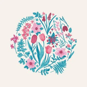 Round composition with flowers. Illustrazione stock