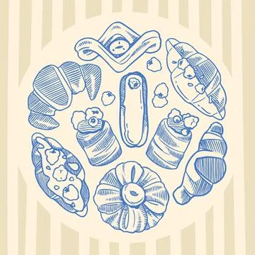 Round composition of hand drawn bakery and pastry doodles in blue ink Ilustração Stock