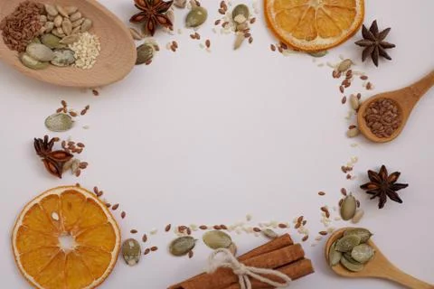 Round composition with place for text from healthy food. Healthy Seed Blend on Stock Photos
