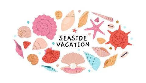 Round composition with seashell and starfish on white background, Seaside v.. Stock Illustration