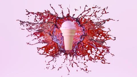 Round cone with one scoop of cherry pink ice cream with a splash behind it Stock Illustration