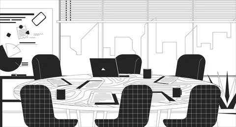 Round conference room table in empty office black and white line illustration Stock Illustration
