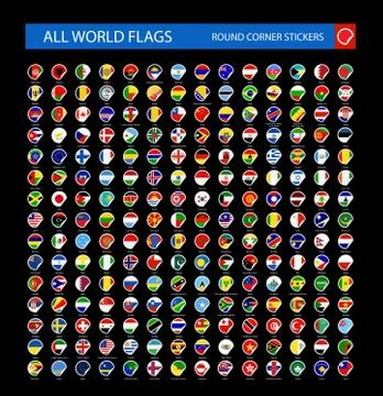 Round Corner All World Flags isolated on black background Stock Illustration