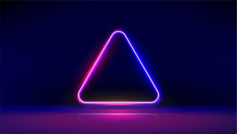 Round corner neon glowing triangle with reflections on the floor. Modern neon Illustrazione stock