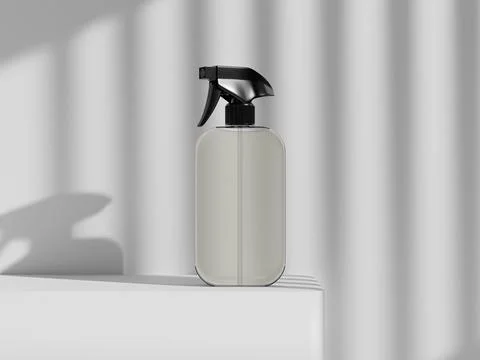 Round-corner spray bottle mockup, clear polastic liquid chemical container 库存插图