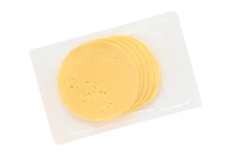 Round cutting of cheese in plastic packaging, top view, close up Stock Photos