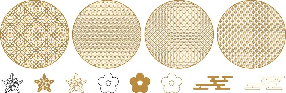 Round decorative elements with geometric and floral patterns. 스톡 일러스트
