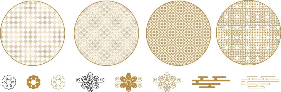 Round decorative elements with geometric and floral patterns. 스톡 일러스트