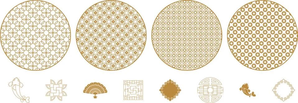 Round decorative elements with geometric and floral patterns. Stock Illustration