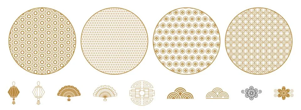 Round decorative elements with geometric and floral patterns. 스톡 일러스트