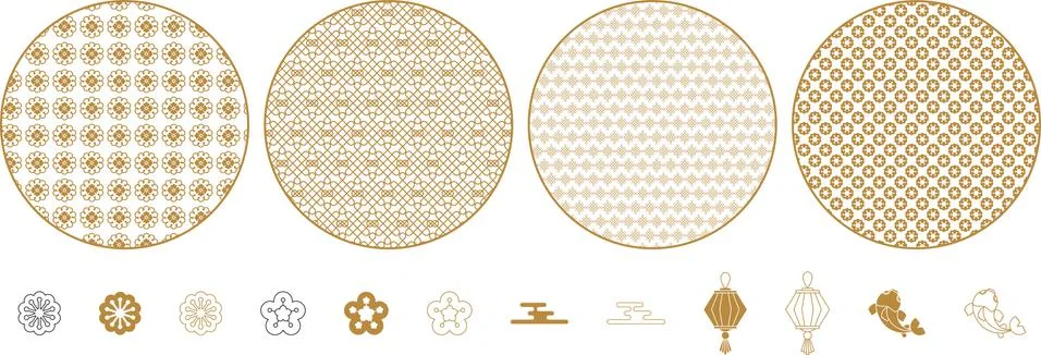 Round decorative elements with geometric and floral patterns. 스톡 일러스트