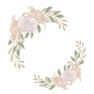 Round, decorative frame made of a composition of lilies and orchids with gree Stock Illustration