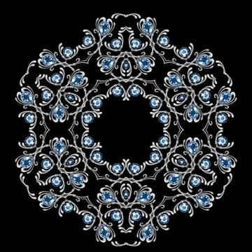 Round decorative pattern. Silver jewelry element with gems Stock Illustration