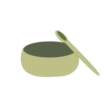 Round deep plate with a spoon on a white background. Illustrazione stock