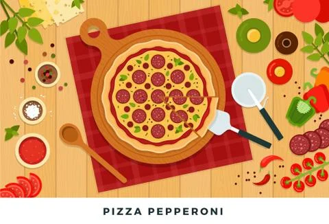 Round delicious pizza pepperoni vector illustration in flat design. Popular fast Stock Illustration