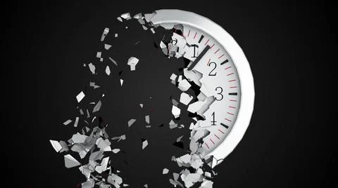 The round dial of a wall clock destructs into small fragments on a black b... Stock Photos