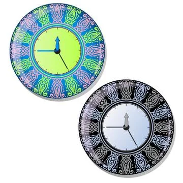 Round dial wall clock with striking ornament of the dial. Vector illustration Stock Illustration