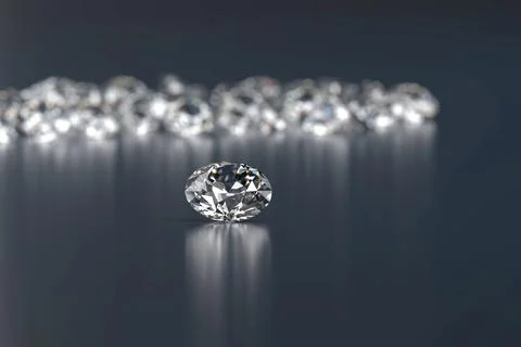 Round Diamonds group placed on dark glossy background, 3d rendering, soft f.. Stock Photos