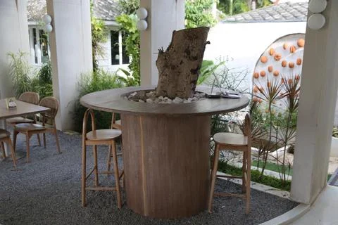 A round dining table with chairs, featuring an old tree trunk as the center.. Stock Photos