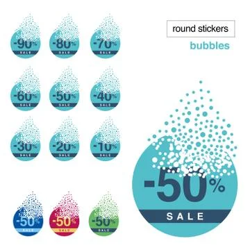 A round discount label dissolves into a cloud of bubbles. Set of round sticke Stock Illustration