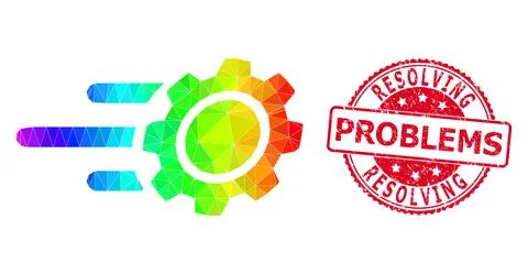 Round Distress Resolving Problems Badge With Vector Polygonal Rush Gear Icon Stockillustratie